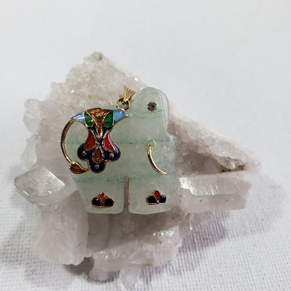 Vintage Carved Jade and Enamel Elephant Pendent